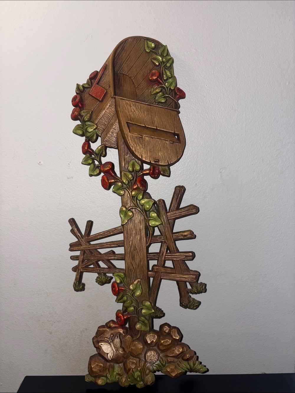 Vintage Burwood Wall Decor MCM Mail Postal Box Floral Butterfly Hanging Art 21”